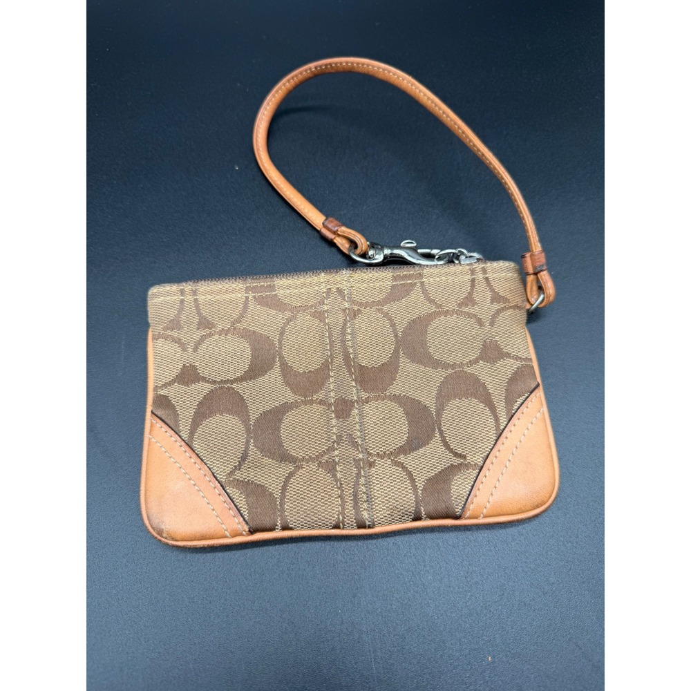 Coach Signature Jacquard Wristlet Tan Leather Trim Brown‎ Monogram Small Pouch
